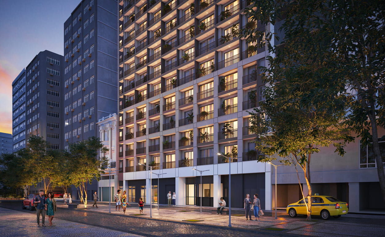 Q Studios — fachada ao entardecer, Rua da Quitanda, Centro do Rio